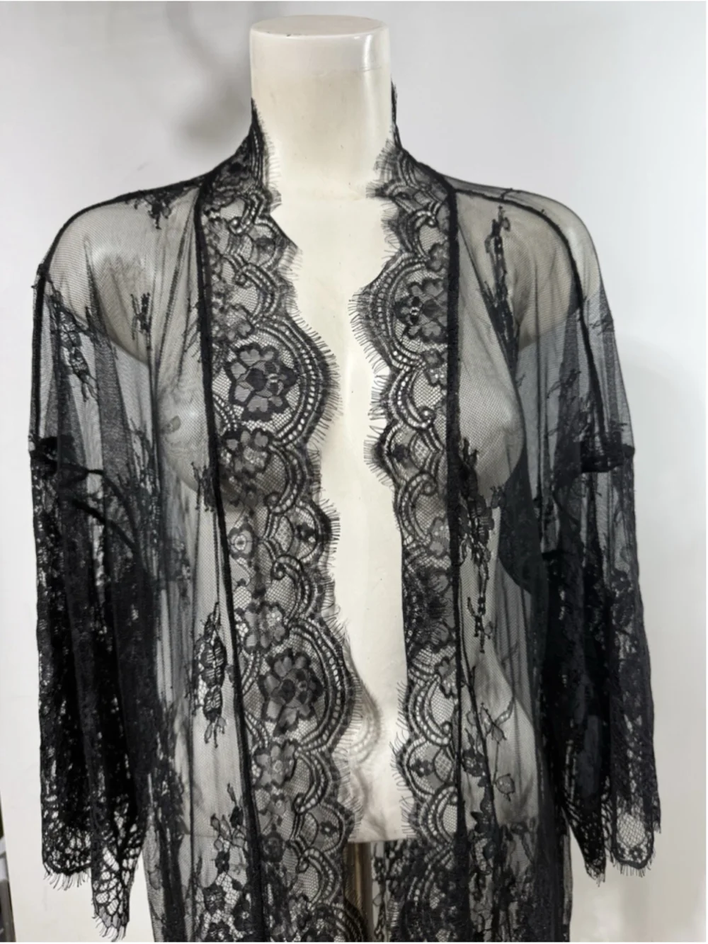 Black Lace Kimono Robe 2XL Sheer Floral Fairycore Boho Lingerie Duster Witchy